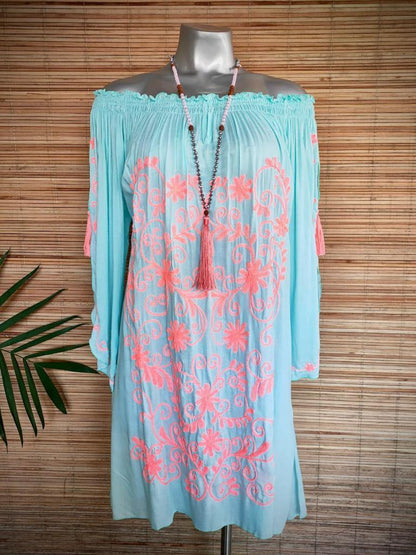 DRESS LILA in Grey/ Coral and Soft Turquoise/ Pink - Lemongrass Bali Boutique